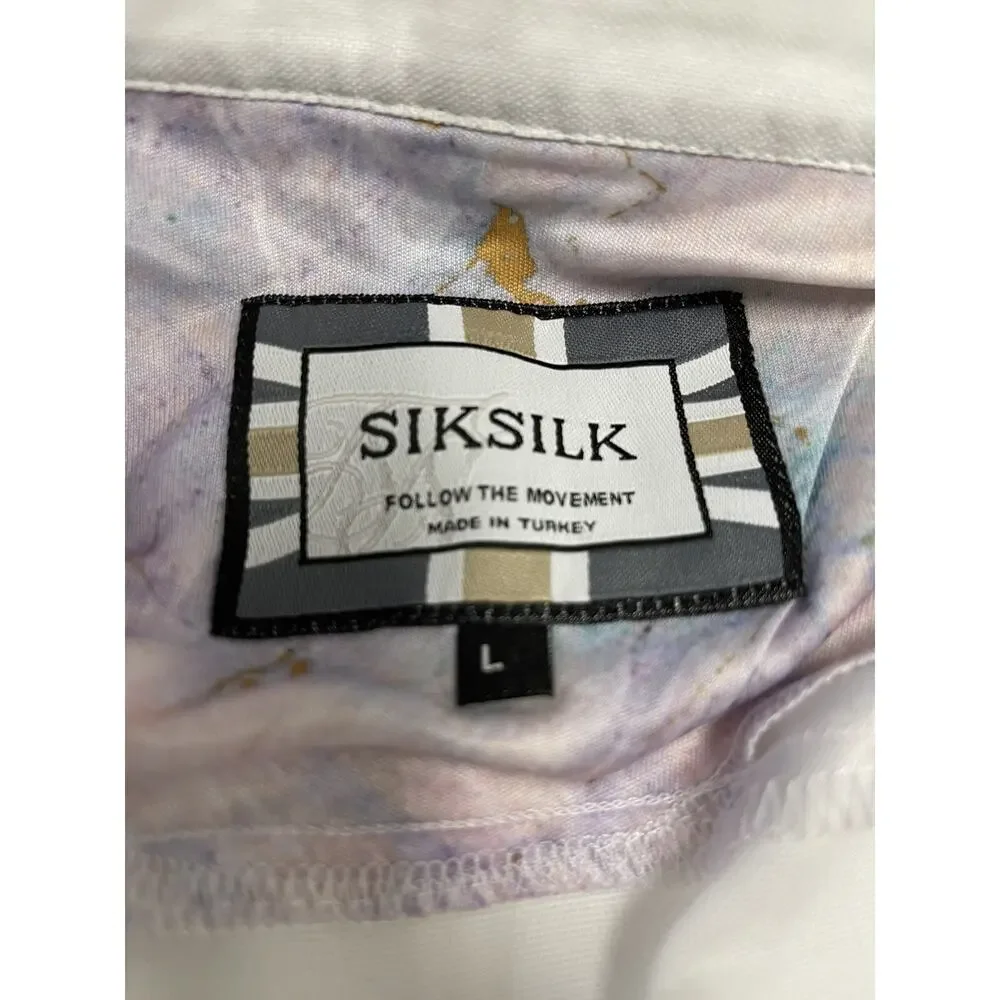 SikSilk Shirt Mens Large Button Up Tie Dye White Sik Silk Short Sleeve N37